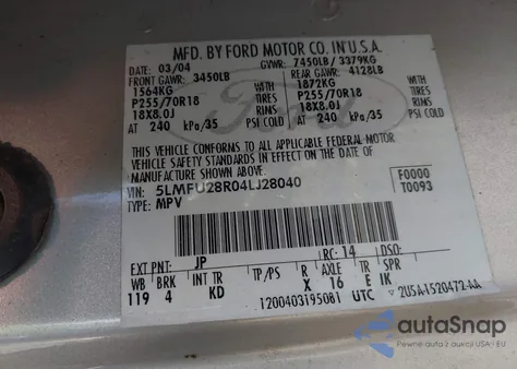 2004 Lincoln Navigator z USA, uszkodzony, nr VIN 5LMFU28R04LJ28040